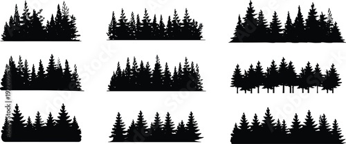 Pine forest silhouette collection, evergreen tree skyline set, black nature woodland landscape vector illustration isolated for logo background design