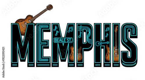 Memphis music city typography with neon guitars vector illustration