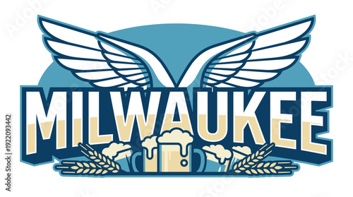 Milwaukee beer emblem with wings and wheat vector illustration