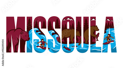 Missoula Montana typography with bears and surfing vector illustration