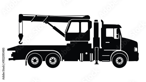 A black silhouette of a truck with a crane isolated on white background, Vector
