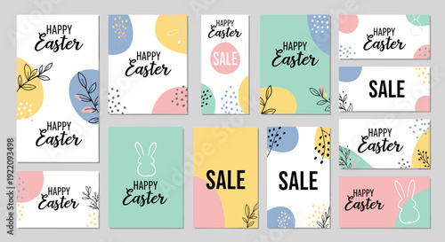 Happy Easter Sale Greeting Cards and Banners Collection with Festive Spring Designs and Cute Bunny Illustrations