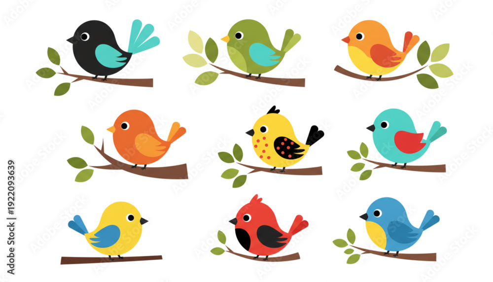Fototapeta premium Happy Colorful Cartoon Birds Vector Set. Cute Little Animals for Kids Education, Web Design, Nursery Decor, and Spring Themes.