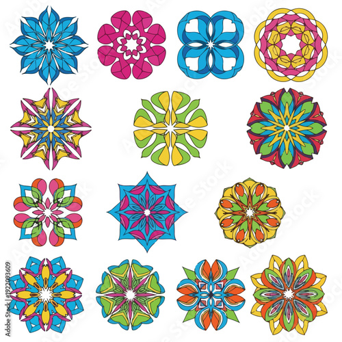 Colorful abstract floral designs in a grid pattern