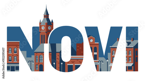 Novi city name with integrated cityscape architecture vector illustration