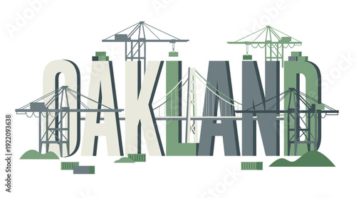 Oakland city name with port cranes and bridge vector illustration