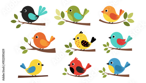 Happy Colorful Cartoon Birds Vector Set. Cute Little Animals for Kids Education, Web Design, Nursery Decor, and Spring Themes.