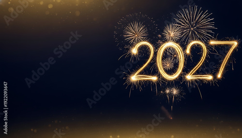 New Year's celebration with fireworks and bright lights on a dark background viewed from a distance at night