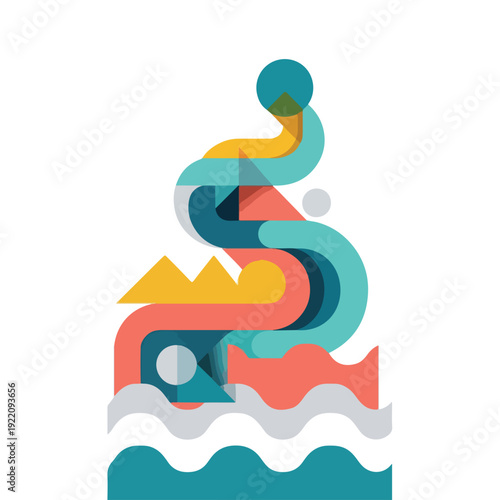 Colorful, abstract geometric composition. Lines and shapes create layered forms