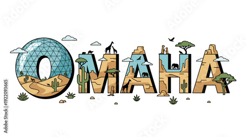 Omaha city name with zoo animals and desert dome vector illustration