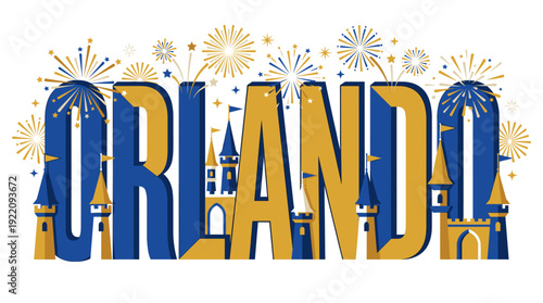 Orlando text with fairy tale castles and fireworks vector illustration