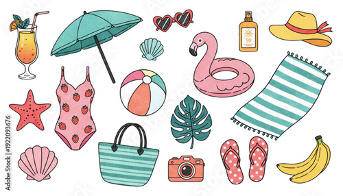 Joyful Summer Beach Vacation Essentials Flat Lay Collection for Travel, Holidays, and Retail