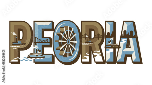 Peoria Illinois landmark typography with riverboat vector illustration
