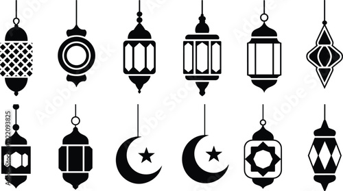 Ramadan hanging lantern and crescent moon icon collection, traditional Islamic decorative ornament set for Eid Mubarak celebration 