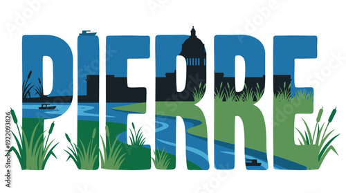 Pierre South Dakota city name typographic landscape vector illustration