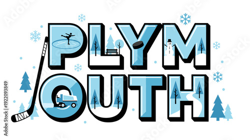 Plymouth city name with winter sports elements vector illustration