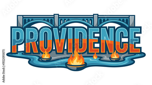 Providence city typographic logo with WaterFire and bridge vector illustration