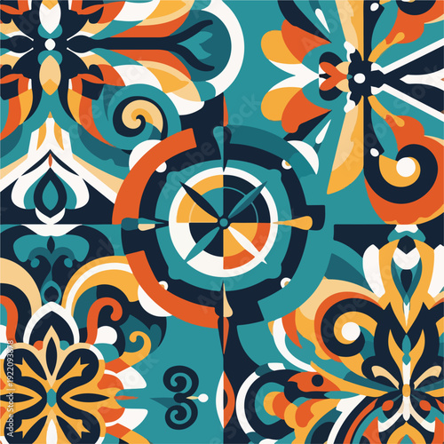 Colorful abstract illustration featuring geometric patterns, swirls, and a compass rose