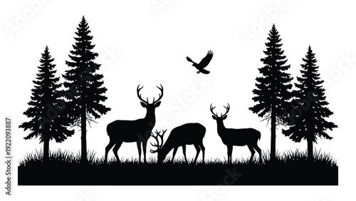 Deer and trees in the forest with a bird flying overhead isolated on white background, Vector