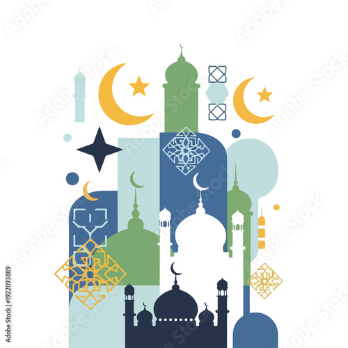 Colorful abstract illustration featuring mosque silhouettes, moons, and stars