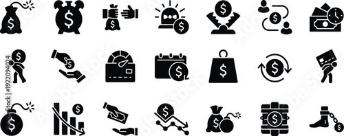 Financial debt and crisis icon set representing money problems and economic stress symbols
