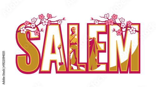 Salem typography with cherry blossoms and pioneer figure vector illustration