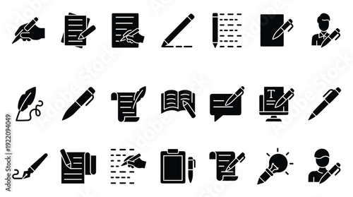 Set of black vector icons with writing, editing, and education symbols on transparent background