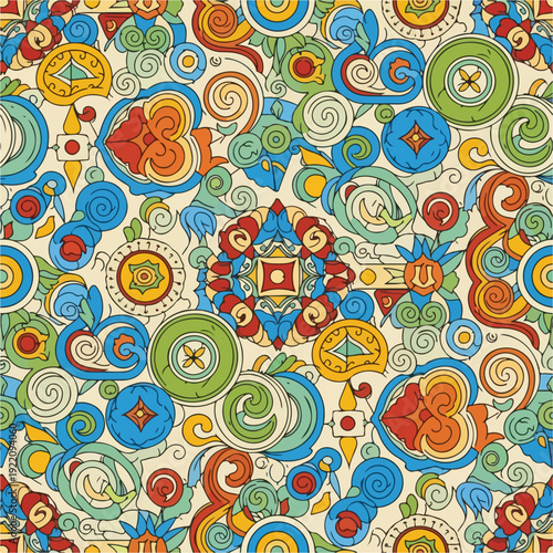 Colorful, abstract, repeating floral pattern, intricate and vibrant design
