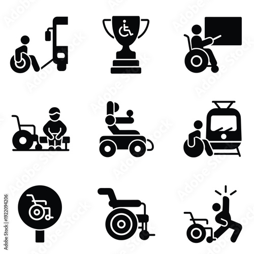 Accessible mobility set: wheelchair users with assistance, trophy, and specialized vehicles