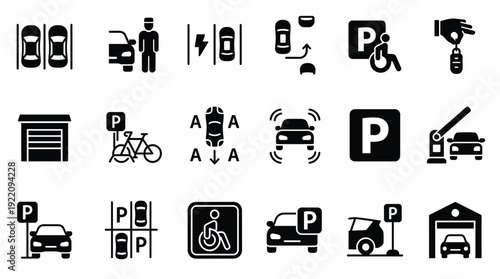 Parking management and car storage facility icons depicting automated valet and garage
