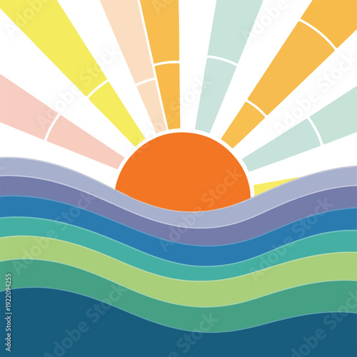 Colorful, abstract sun rising over layered ocean waves