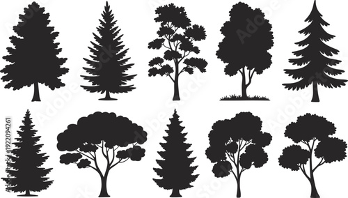 Set of mixed tree silhouettes, pine and leafy forest vector collection for landscape design, nature illustration, botanical clipart elements