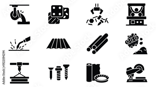 Industrial objects and tools heavy machinery construction elements manufacturing icons
