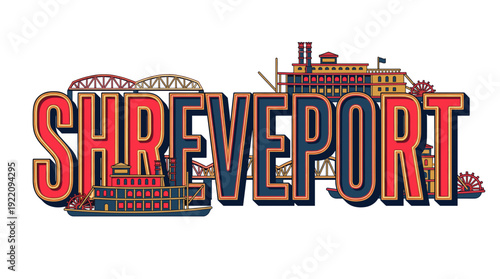 Shreveport Louisiana city name with riverboats and bridges vector illustration