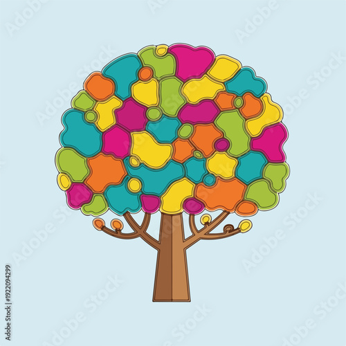 Colorful, abstract tree illustration with a segmented, vibrant canopy