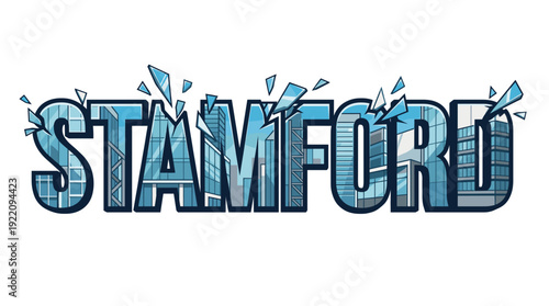 Stamford city name with skyline and shattering glass vector illustration