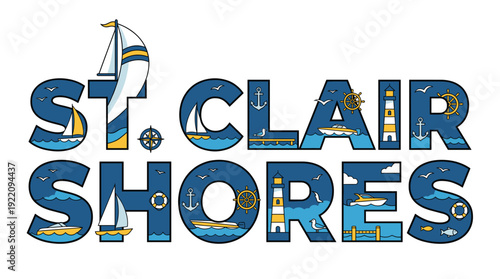 St. Clair Shores nautical typography and maritime scene vector illustration