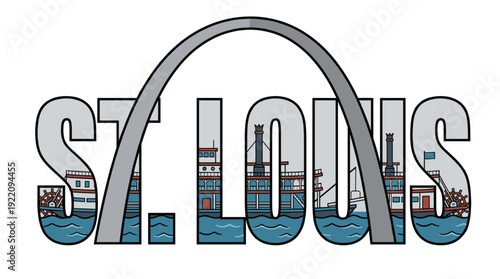 St. Louis city name with Gateway Arch vector illustration