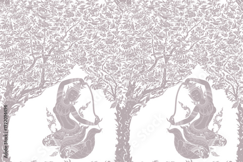 Mother Earth Thai painting seamless traditional Thai art damask pattern motif suitable for wallpaper, curtain, cloth, textile, carpet and fabric design isolated illustration vector archive EPS file.