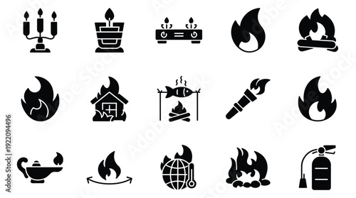 Fire icons set. Collection of flames, candles, campfires, and burning elements
