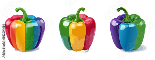 Bell Pepper Vector Set – Multicolor Capsicum Illustration Collection with Rainbow and Tricolor Variations, Glossy Vegetable Clipart