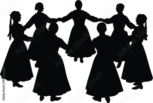 Silhouette folk dance, cultural heritage, traditional circle, women holding hands, community unity, ethnic performance, historical costume, group dance illustration