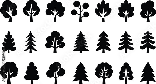 Simple tree silhouette icon set, cartoon forest vector collection for logo design, nature illustration, woodland clipart isolated shapes