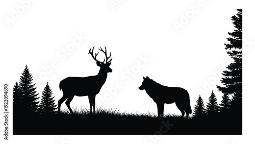 A deer and a wolf in a forest clearing isolated on white background, Vector