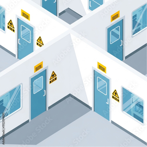 Isometric View of Office Building Corridors with Warning Signs.