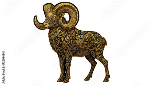 Majestic Golden Ram with Ornate Details Symbolizing Strength Prosperity Wealth and Financial Success.