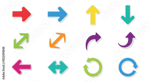 Colorful and vibrant vector image displaying a set of twelve arrows in different directions