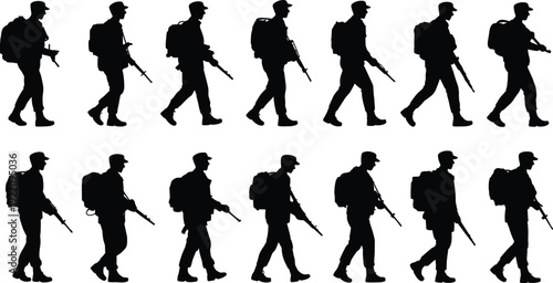 Silhouette, of, soldiers, marching, in, a, row, with, rifles, and, backpacks, isolated, on, white, background, army, military, and, security