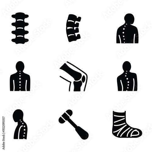 Spine health and chiropractic care icons depicting vertebrae anatomy and medical diagnosis