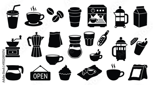 Coffee shop and cafe culture icons collection with espresso machines and roasted beans